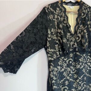 KIYONNA Plus Black Lace Nude Fitted V Neck Elbow Sleeve Dress Size 1X